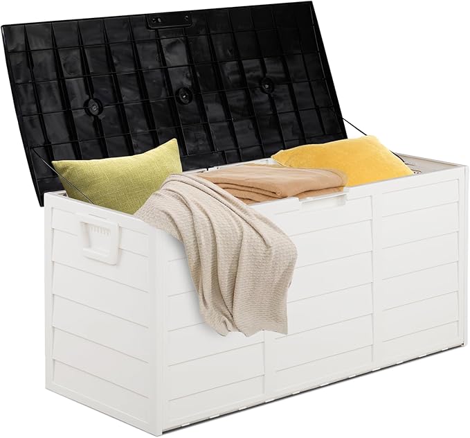 VINGLI 75 Gallon Resin Outdoor Deck Box, 75 Gallon Patio Storage Box with Side Handles, Lockable Storage Containers for Patio Furniture Cushions, Pool Accessories, Garden Tools, White