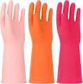 3 Pairs Rubber Cleaning Gloves Latex Free Dishwashing Gloves - 13" Reusable Nitrile Gloves Large, Orange+Pink+Red