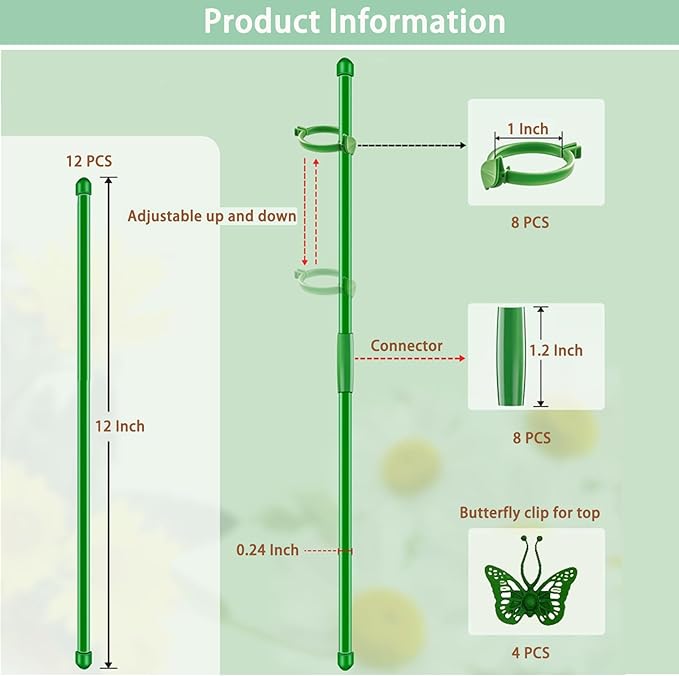 Plant Stakes 12 Inch, 12-Pack Stackable Plant Support Stakes with 12 Clips, Extendable Plant Holder Sticks for Tomato, Orchid, Monstera, Indoor Outdoor Plants (12)