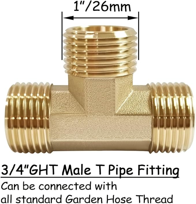 2PCS Brass 3/4 Inch GHT Tee Pipe Fitting 3/4" GHT Male x 3/4" GHT Male x 3/4" GHT Male for Garden Hose Threaded Tube Pipe Fittings