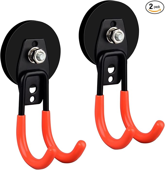 ULIBERMAGNET Garage Strong Magnetic Hooks, 2 Pack Heavy Duty Large J Hooks with Magnet, Anti-Slip Coating Magnet Hooks for Garden Tools, Ropes,Drill
