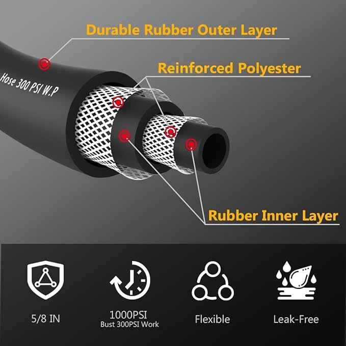 Leader Garden Hose 10ft x 5/8", Heavy Duty Short Water Hose, Female to Female Fittings, Five Layered Braiding for Durability, 1000PSI Burst, 300PSI Working (Black)