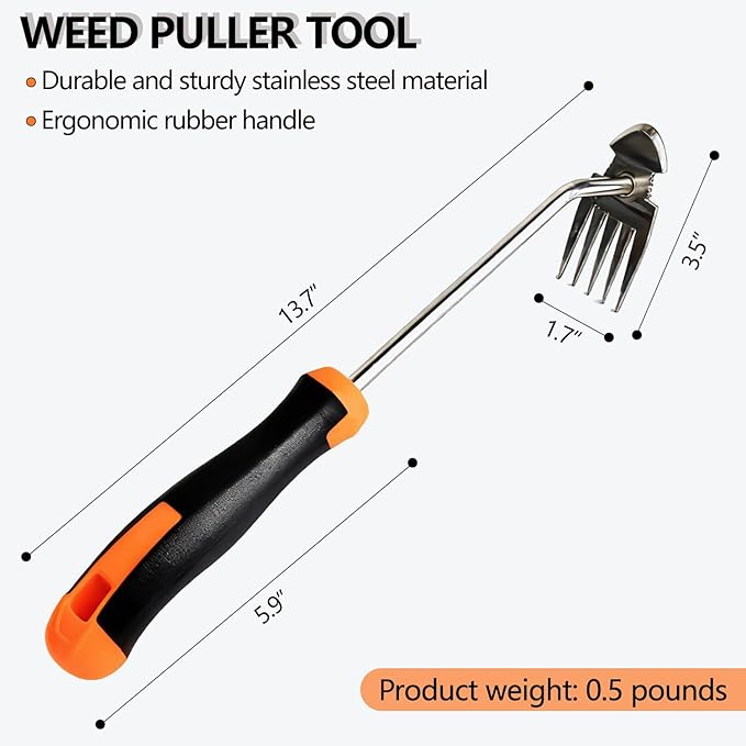 Weed Puller Tool,Newly Upgraded Garden Weeder Stainless Steel Hand Weeder Tool,Multi-Purpose 5 Teeth Weed Remover Tool Weeding Tools for Gardening (Rubber Handle)