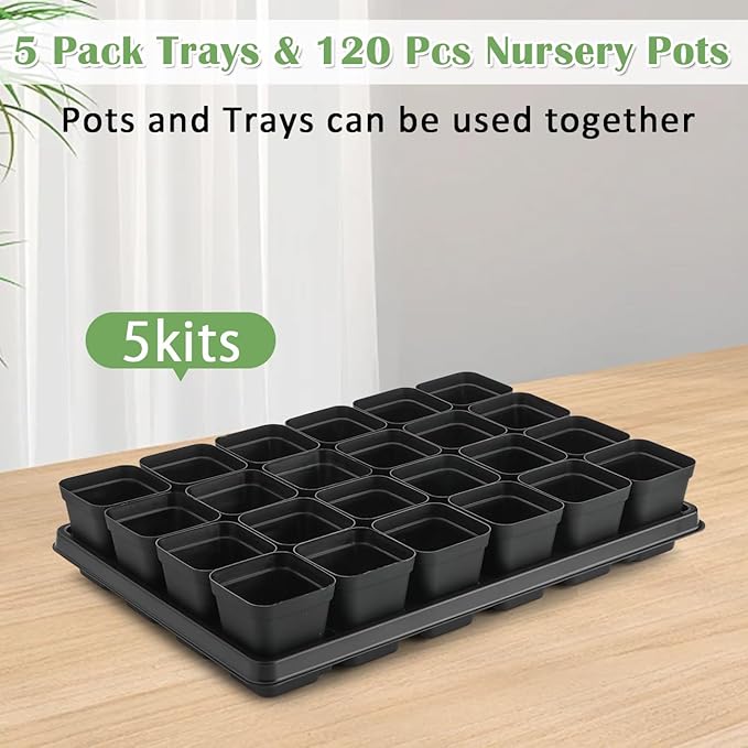 5 Pack 24 Cell Nursery Pots Trays with 3 inch Square Nursery Pots 120pcs (Black), Plastic Seed Starter Tray with Drain Holes for Carrying and Holding Plant Pot(17"x11"x1.6")