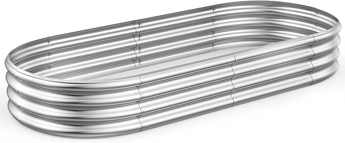 Raised Garden Bed GRS Certified Galvanized Planter Box Outdoor, 8ft Oval Rot-Resistant Metal Garden Bed Planter, Recycled Eco-Friendly Material Planter for Vegetables Flowers Herbs (Silver)