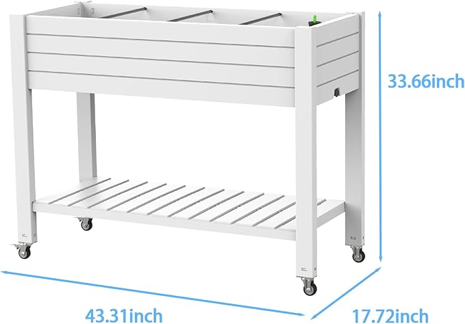 43" Elevated Garden Bed with Wheels & Legs, 78L/21 Gal Large Raised Planter Box with Drainage & Water Level Indicator, Mobile Herb Garden Kit for Patio & Balcony, Grayish-White