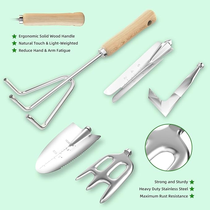 Garden Tools Set, 9-Piece Heavy Duty Gardening Tools with Clear Pocket Tote Bag, Stainless Steel Garden Hand Tools for Digging, Planting, Weeding and Pruning, Durable Gardening Kit