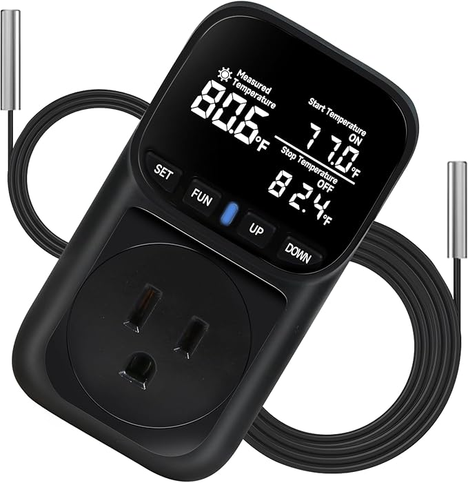 1800W Digital Thermostat for Reptile Tank, -40℉~210℉, Plug in Thermostat for Heater/Greenhouse with 5m/2m Cable, 15A Temperature Controlled Outlet with VA Display, Temp ±0.1°F, Black