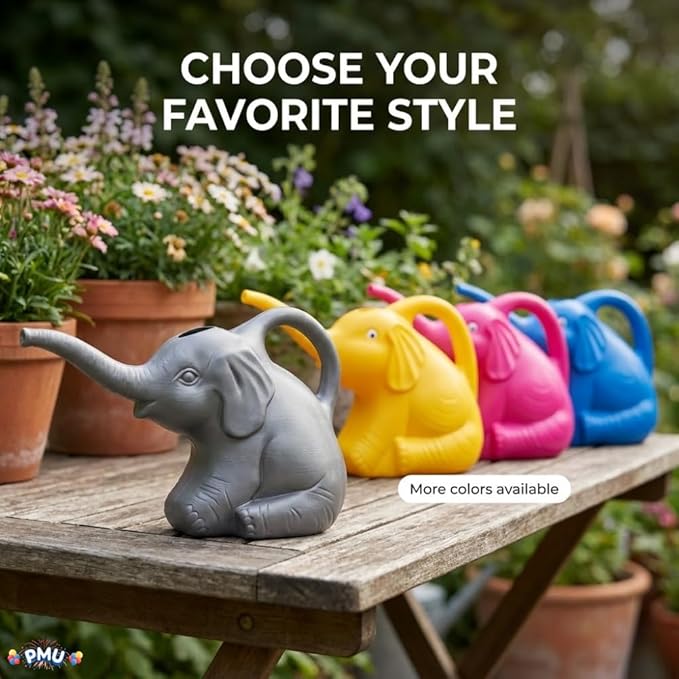 2-Quart Elephant Watering Can – Durable Plastic Garden Watering Can for Indoor & Outdoor Plants, Easy-Pour Spout, Large Water Pot, Gray