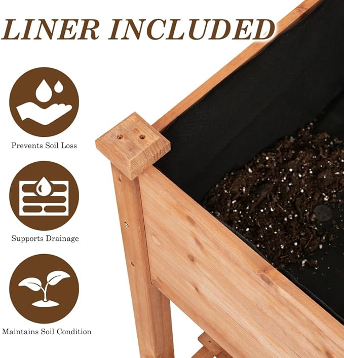 Raised Garden Bed with Lockable Wheels, 32x16x32 inch Elevated Wood Planter with Storage Shelf Protective Liner for Vegetable Flower Herb Outdoor Balcony Patio Backyard, Brown