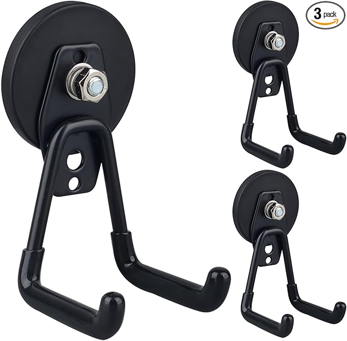 ULIBERMAGNET Heavy Duty Magnetic Garage Hooks,3 Pack Strong Large Magnet Hooks for Power Drill,Garden Tools,Hose,Pegboard,Garage, Workshop,Magnetic Storage Hook for Indoor Outdoor Hanging(Black)