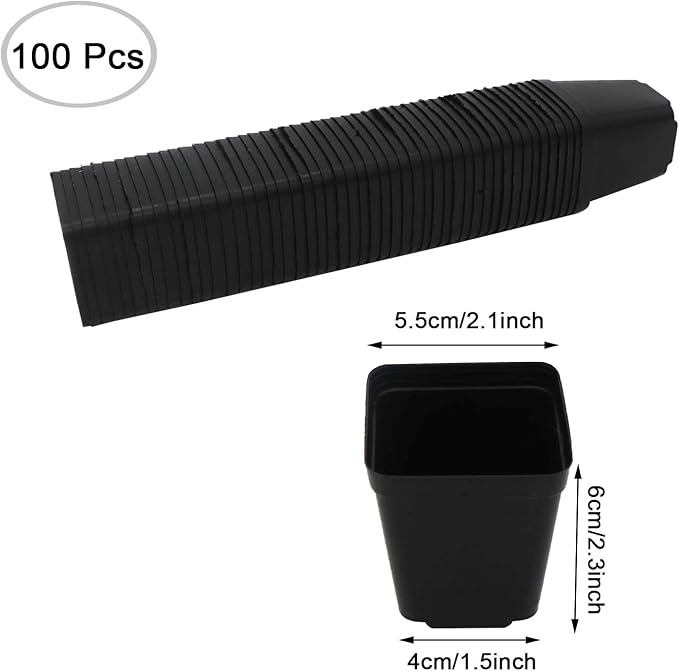 Plastic Plant Pots 100 Pack Square Nursery Pots 2.2 Inch Sturdy & Reusable Starter Container for Plants Starting Seedlings or Succulents, Black