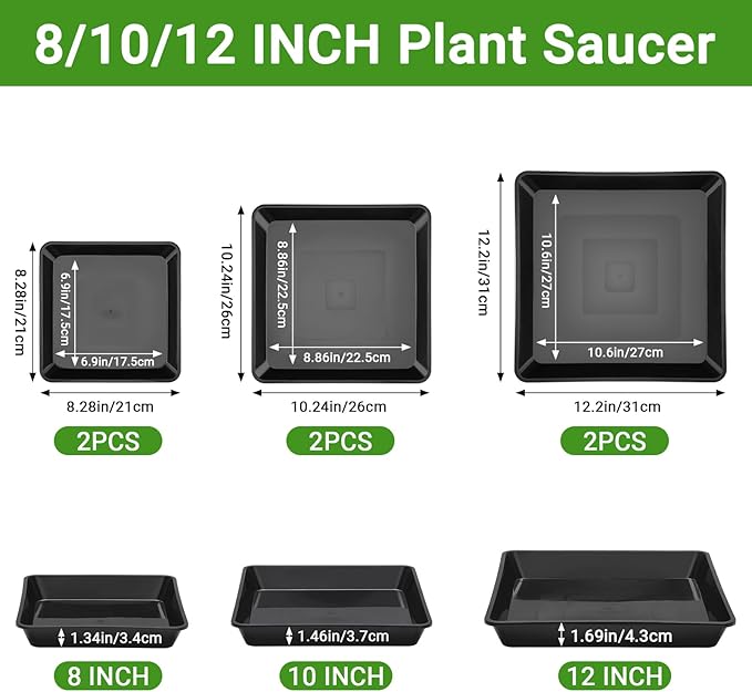 GREANER 8/10/12 Inch Square Tray, 6 Packs Heavy Duty Plastic Plant Plates to Catch Water, Plant Drip Trays No Holes(Black)