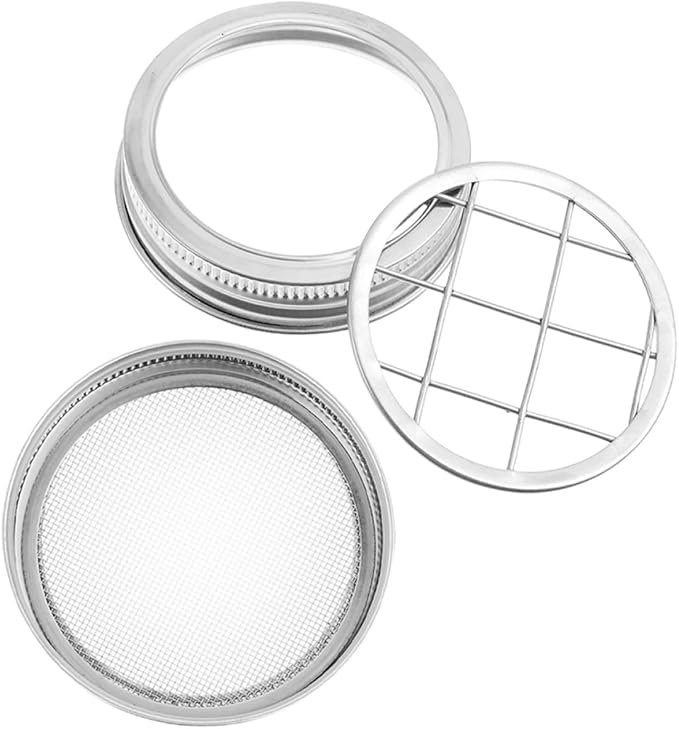 Sprouting Jar Lid and Floral Arrangement Insert Grid Set, Stainless Steel Mesh Strainer Lid for Wide Mouth Mason Jars, Kitchen Canning Accessory for Seed Sprouting and Flower