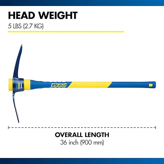 Estwing 5-Pound Pick Mattock with 36-Inch Fiberglass Handle, Drop-Forged Heat-Treated Head for Breaking Hard Ground, Hoeing Rocky Soil, and Digging in Tight Spaces