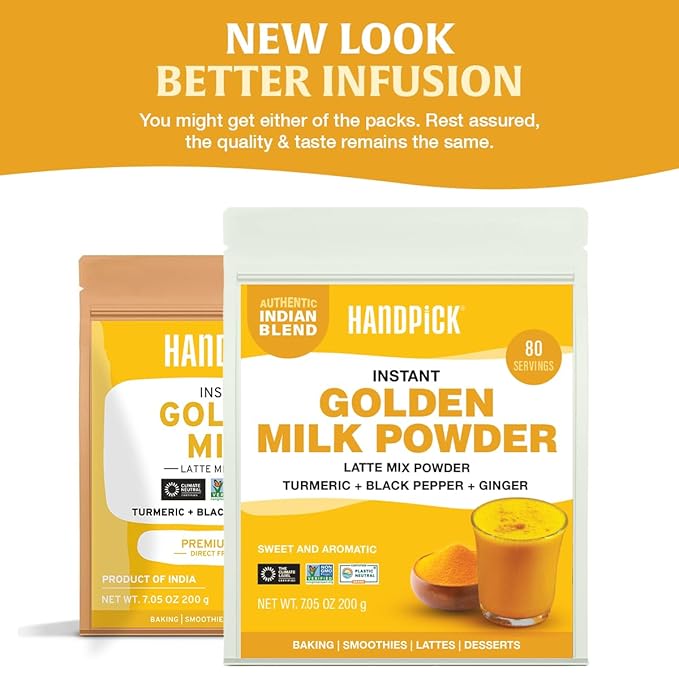 HANDPICK Golden Milk Powder with Turmeric - (7oz, 80 servings) Instant Latte Mix | Blend of Ginger, Black Pepper and Curcumin