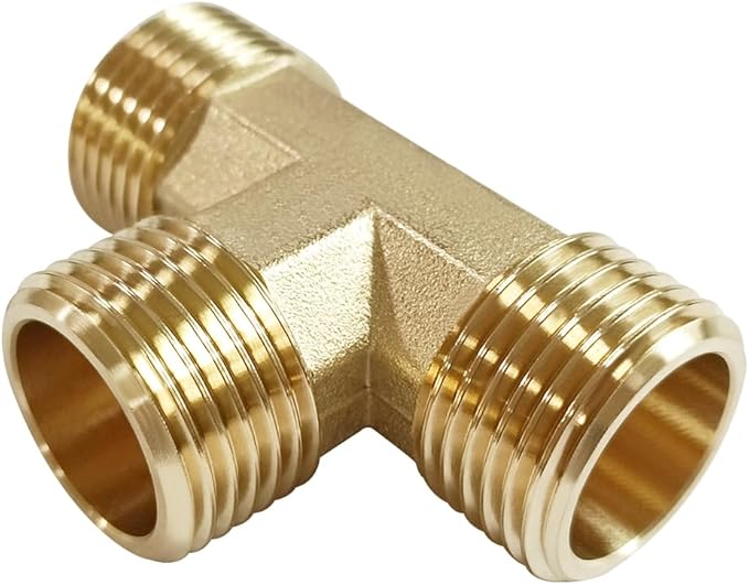 2PCS Brass 3/4 Inch GHT Tee Pipe Fitting 3/4" GHT Male x 3/4" GHT Male x 3/4" GHT Male for Garden Hose Threaded Tube Pipe Fittings