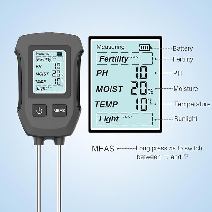 5 in 1 Soil Tester,Ph/Moisture/Temperature/Efficiency/Light Intensity Function,Dual Probe,Lcd Display,Digital Plant Soil Moisturemeter for Gardens,Farms,Outdoor Plants