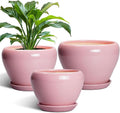Ceramic Planters, 10+8+6 Inch Ceramic Plant Pots with Drainage Holes and Saucers, Flower Pots for Indoor Outdoor Plants, Modern Round Planter, Office Decor, Plant Lover Gifts, Set of 3, Pink