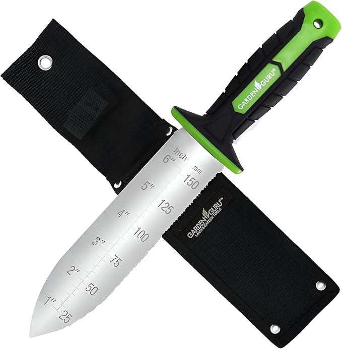 Garden Guru Hori Hori Garden Knife with Ergonomic Handle for Weeding, Digging, Pruning & Cultivating, Stainless Steel Blade with Serrated Edge & Depth Markings for Measuring Planting Depth (4 Pack)