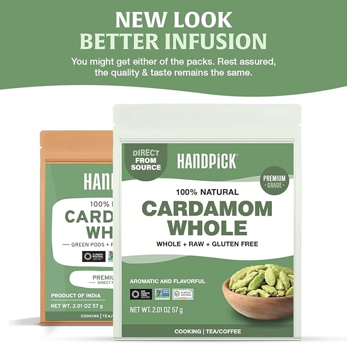 HANDPICK Green Cardamom Pods (57g / 2oz) Large size Green Elaichi | Pure, Non-GMO, Gluten Free | 100% Raw from India | Resealable Zip Lock Pouch