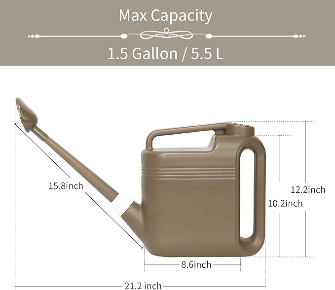 1.5 Gallon Watering Can for Outdoor & Indoor Plants, Large Garden Watering Pot with Lightweight and 5.5L Capacity, Plastic Watering Can with Long Spout and Metal Removable Sprinkler Head, Grey