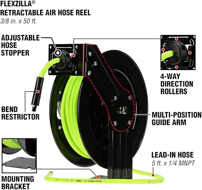 Flexzilla Open Face Retractable Air Hose Reel, 3/8 in. x 50 ft., Heavy Duty, Lightweight, Hybrid, ZillaGreen - L8611FZ & Pro Air Hose, 3/8 in. x 50 ft, Heavy Duty, Lightweight, Hybrid, ZillaGreen