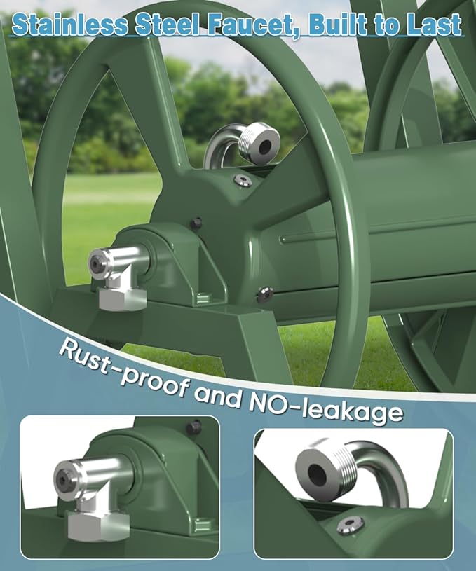 Garden Hose Reel Cart with Wheels, Holds 165 ft of 5/8’’ Hose Outdoor Heavy Duty Powder-coated Steel Water Storage Winder Holder with 3.9 Ft Leader Hose for Outside Lawn Yard, Green