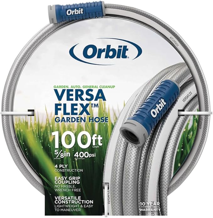 Orbit VersaFlex 100 ft x 5/8 in Garden Hose – Lightweight, Durable, 400 PSI, Easy-Grip Coupling