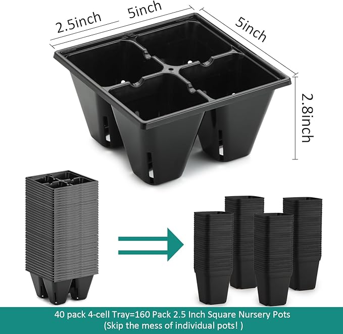 40 Pack Reusable 4-Cell Seed Starter Tray for Seedlings, Deep Large Cell Plant Starter Trays with Drainage Holes for Seed Germination, Easy Transplant, Fits Standard 1020 Flats, Black