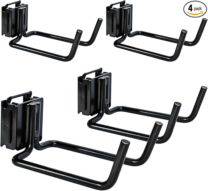 4-Pack E-Track Double Fitting J-Hooks, 4" Wide & 5.5" Deep Stable E Track Double J Hooks with Dual Fittings, Heavy Duty Shovel Hanger for Trailers, Trucks, Garden Tools Organizers Storage