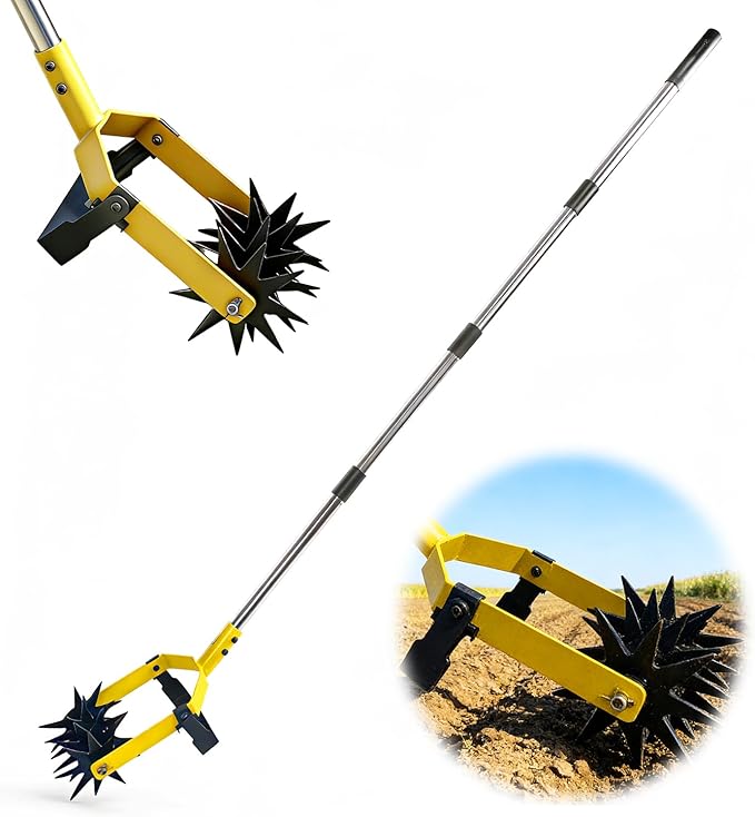 2-in-1 Garden Rotary Cultivator Tool Adjustable Handle Lawn Tools Hand Rotary Tiller for Loosening Soil and Lawn Care, Reseeding Grass, Weeder, Soil Mixing, Manual Yard Tiller