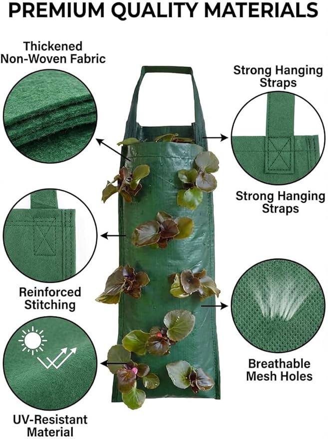 Upside Down Strawberry Planter, Hanging Strawberry Planter, Hanging Grow Bags with 8 Side Pockets & Reinforced Handles, Reusable Vertical Planters for Small Space Gardening (3 PCS)