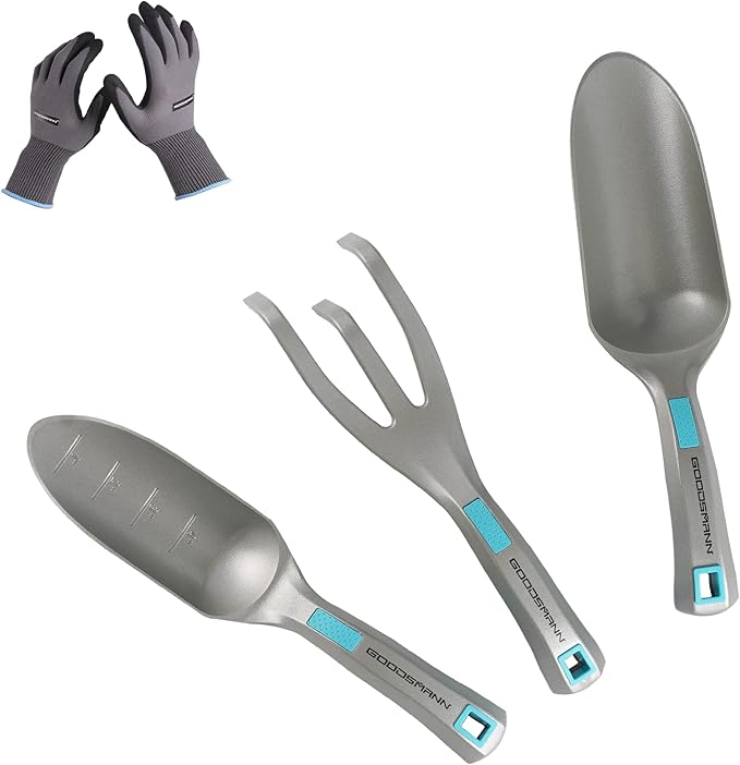GOODSMANN Garden Tools Set, 3 Piece All One Piece Die-Cast Aluminum Gardening Kit, Hand Trowel, Marker Measurements Transplanter and Cultivator Garden Hand Shovel for Digging Weeding Planting