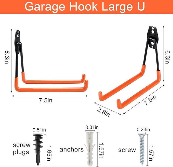 Aoben Heavy Duty Steel Garage Storage Hooks - Utility Tool Hangers and Combinable Wall Mount Hooks for Organizing Ladder, Hold Chairs, Heavy Tools (Large U, 10 Pack)