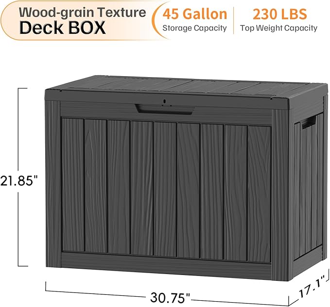 45 Gallon Deck Box, Small Outdoor Storage Box Waterproof, Outside Resin Storage Bin for Outdoor Patio Furniture Pillow, Pool Supply, Garden Tool, UV-Resistant and Weatherproof, Black