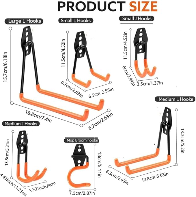 28 Pack Garage Hooks Heavy Duty, Industrial Wall Mount Garage Storage Hooks for Hanging Bike, Ladder and Garden Tools, Organization System with Mop Broom Holders, 100 LBS Capacity, Orange