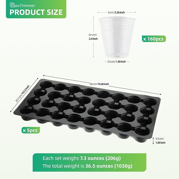 RooTrimmer 5-Pack 32 Cell Seedling Trays & 160 Pack 2" Soft Clear Nursery Pots -Thickened Durable Plant Starter Kit for Seed Germination (5 Sets)