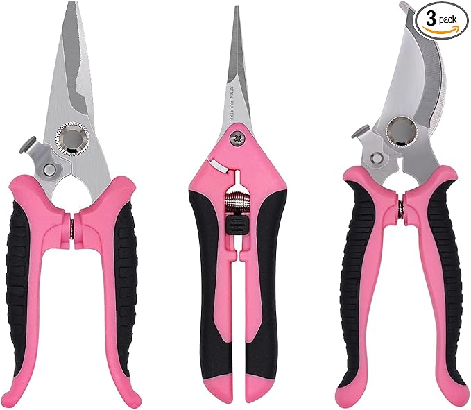 Pruning Shears Gardening Scissors Tools: 3pcs Outdoors&Indoor Garden Clippers, Rose Snips, Plant Clippers, Wood Pruner, Gardener Work Accessories for Flower Arrangement, Yard Landscaping (Pink)