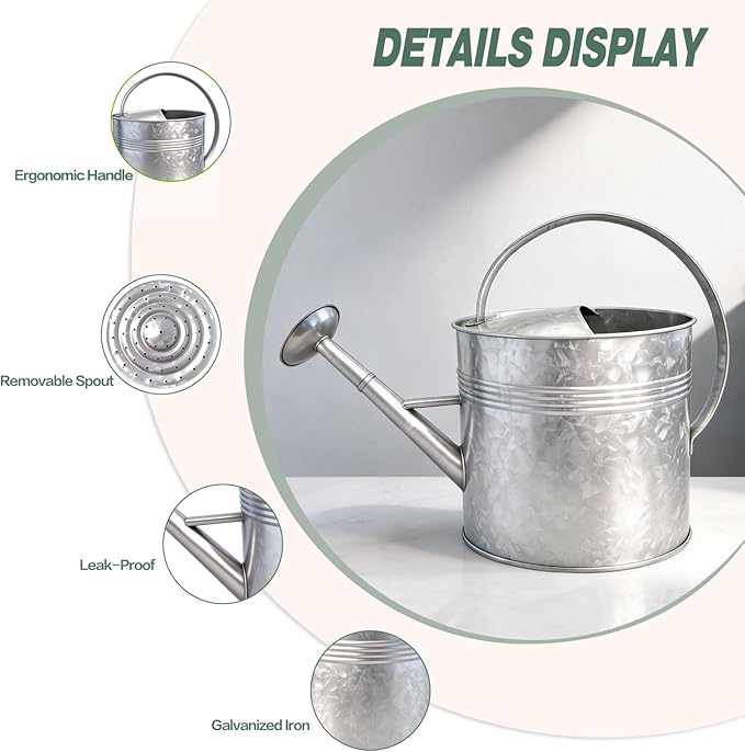 9.5L Metal Watering Can for Outdoor Garden, Galvanized Steel Large Watering Can Pot with Top Handle and Long Spout, Rust-Resistant Water Can for Flower, Lawns, and Farm Use