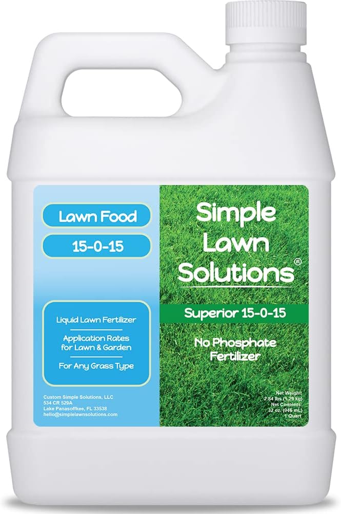 Superior 15-0-15 Liquid Fertilizer Nitrogen & Potash Lawn Food - Concentrated Spray- Any Grass Type- Simple Lawn Solutions Green, Growth - Humic Acid - Kelp Seaweed - Phosphorus-Free (1 Quart)