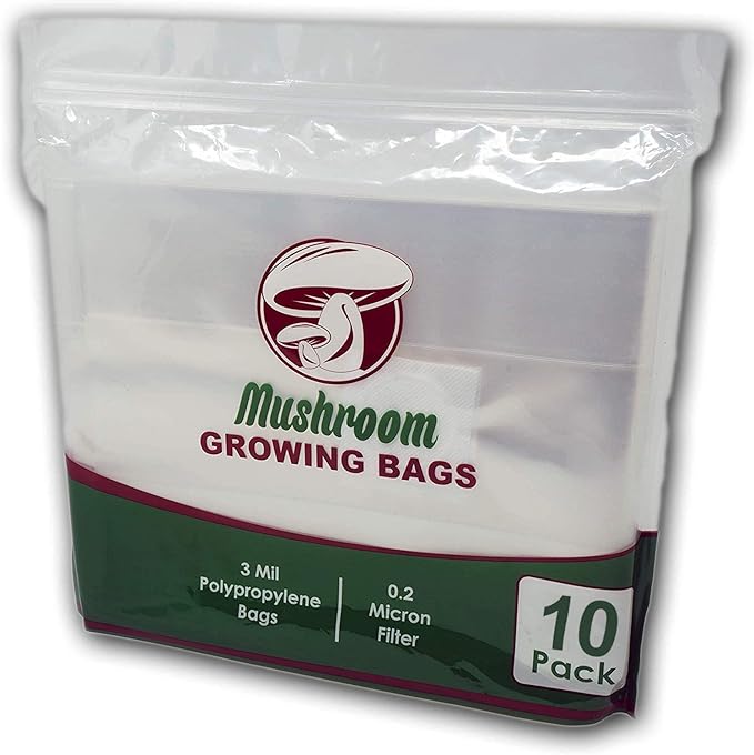 Reinforced Mushroom Grow Bags, 10 Count, Oyster Spawn and Grain Root Substrate Growing Kit with 0.2 Micron Filter, Heavy Duty 3 Mil Polypropylene Plastic