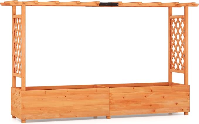 S AFSTAR 45-Inch Raised Garden Bed with Arch Trellis, Hanging Roof, Planter Box, Drainage Holes, Vertical Plant Container for Vine Climbing Plant Flower, Flower Bed Wood Planter for Indoor & Outdoor