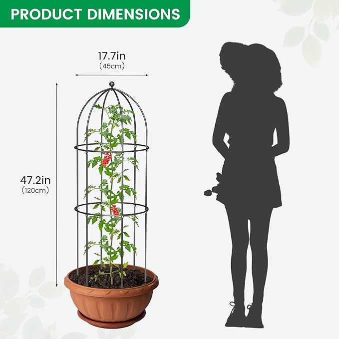 SUNYRISY 3 Pack Metal Plant Support Cage for Tomato Peony Cucumber, 47.2in H Garden Arch Obelisk Trellis for Climbing Plants Supports Outdoor for Vine Vegetables Flowers, Black