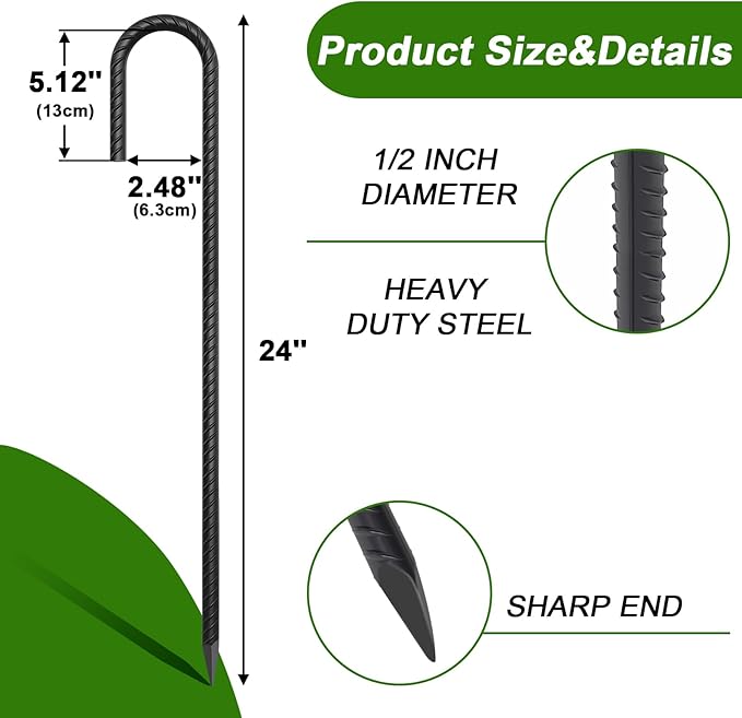 AAGUT Rebar Stakes 24 Inch J Hook Heavy Duty 20 Pack, 1/2 Inch Extra Long Tent Stakes with Chisel Point End, Black Coated Metal Ground Anchors for Garden, Chain Link Fence, Camping, Greenhouse