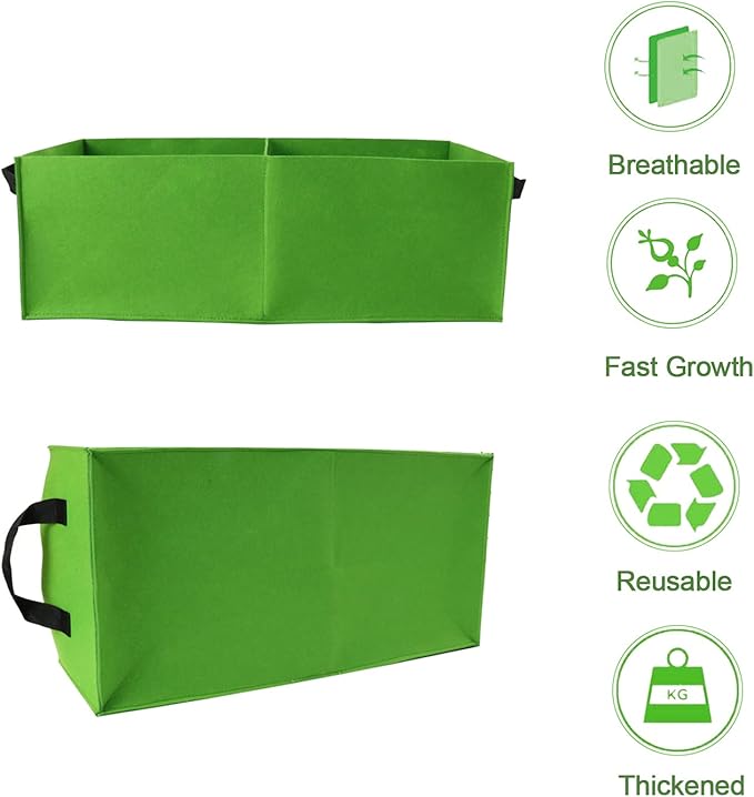 10 Gallon Grow Bags 2 Pack, 2 Compartments Rectangle Raised Planting Bags, 400g Heavy Duty Nonwoven Fabric Planter Pots for Vegetable Tomato Herb Flower Indoor Outdoor Gardening (Green-S)