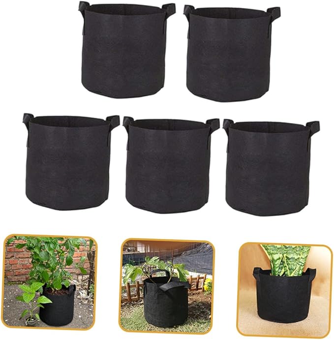 5pcs Non-Woven Plant Growing Bags with Handles, Breathable Flower Nursery Pots for Gardening and Seedling Cultivation, Thickened Black Fabric Grow Bags 25x20cm