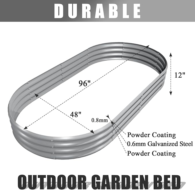 6 Pack 8x4x1FT Galvanized Raised Garden Bed Kit Oval Metal Ground Planter Box Outdoor Bottomless Planter Raised Beds for Vegetables Flowers Herbs Fruits, Gray