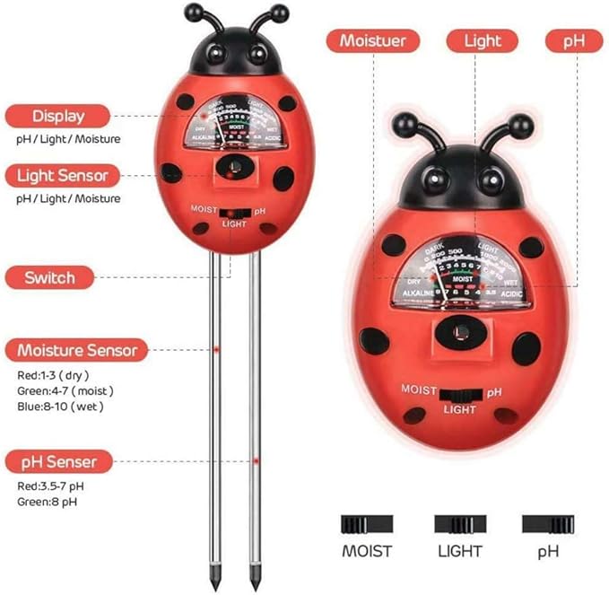 3-in-1 Soil Tester, Red Ladybug Shape Soil pH Meter 3-in-1 Moisture Light Soil Tester PH Hygrometer Garden Plant Stake Gardening Tool for Garden Farm Lawn Indoor Outdoor