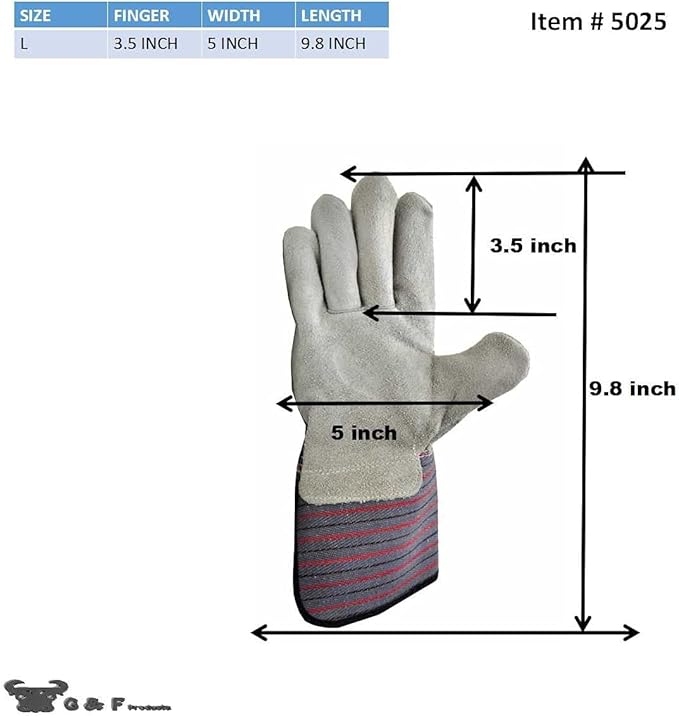 G & F Products 5025L-5 Premium Suede Leather Work Gloves with Extra Long Rubberized Safety Cuff, 5 Pair Pack